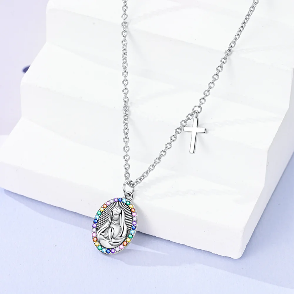 جديد 925 فضة ملون الزركون مادونا قلادة الصليب قلادة قلادة للنساء هدايا الحفلات غرامة مجوهرات الدينية