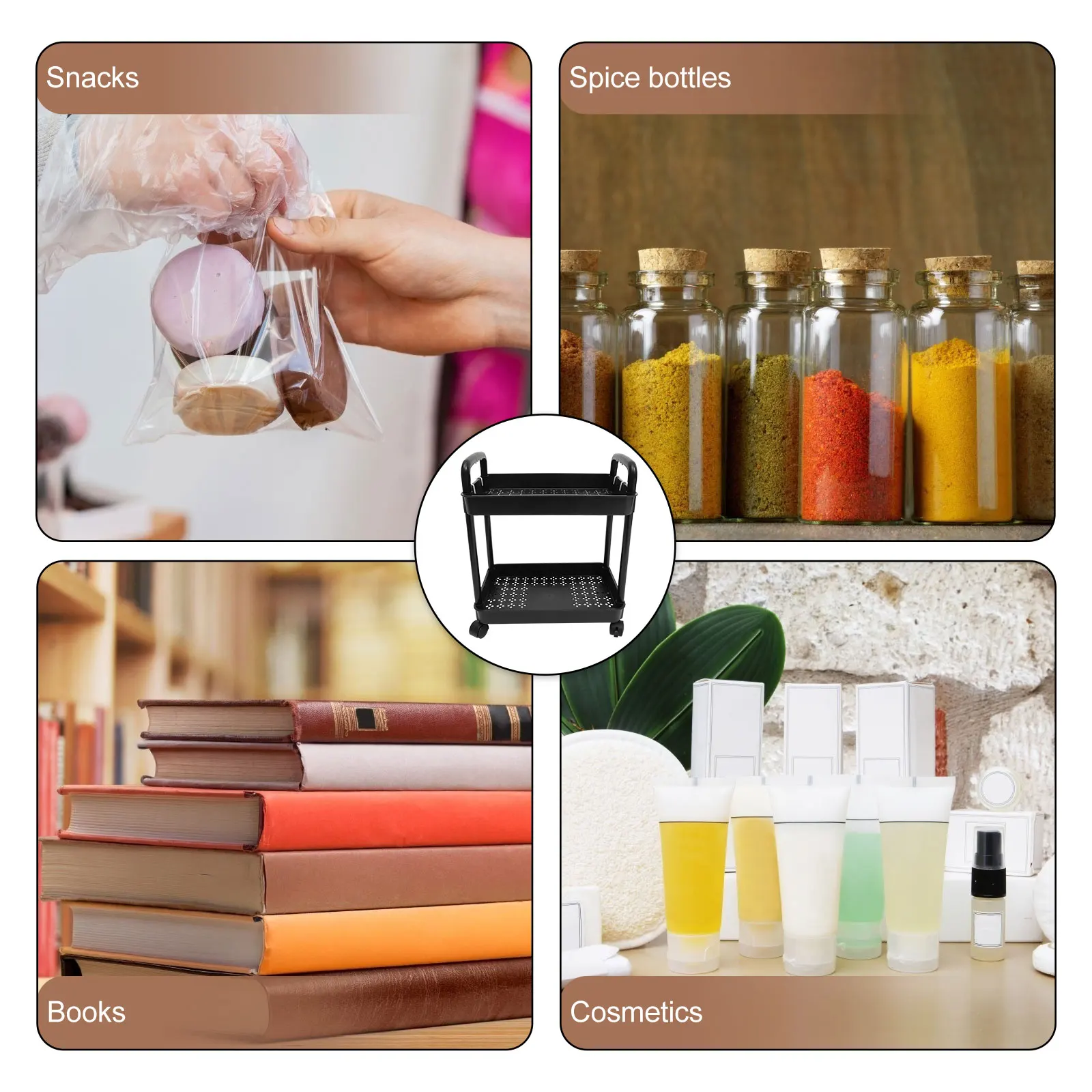 

2 Tier Rolling Cart On Wheels Heavy Duty 50Kg Load Pp Material Storage Basket With Hooks Large Capacity Organizer Utility