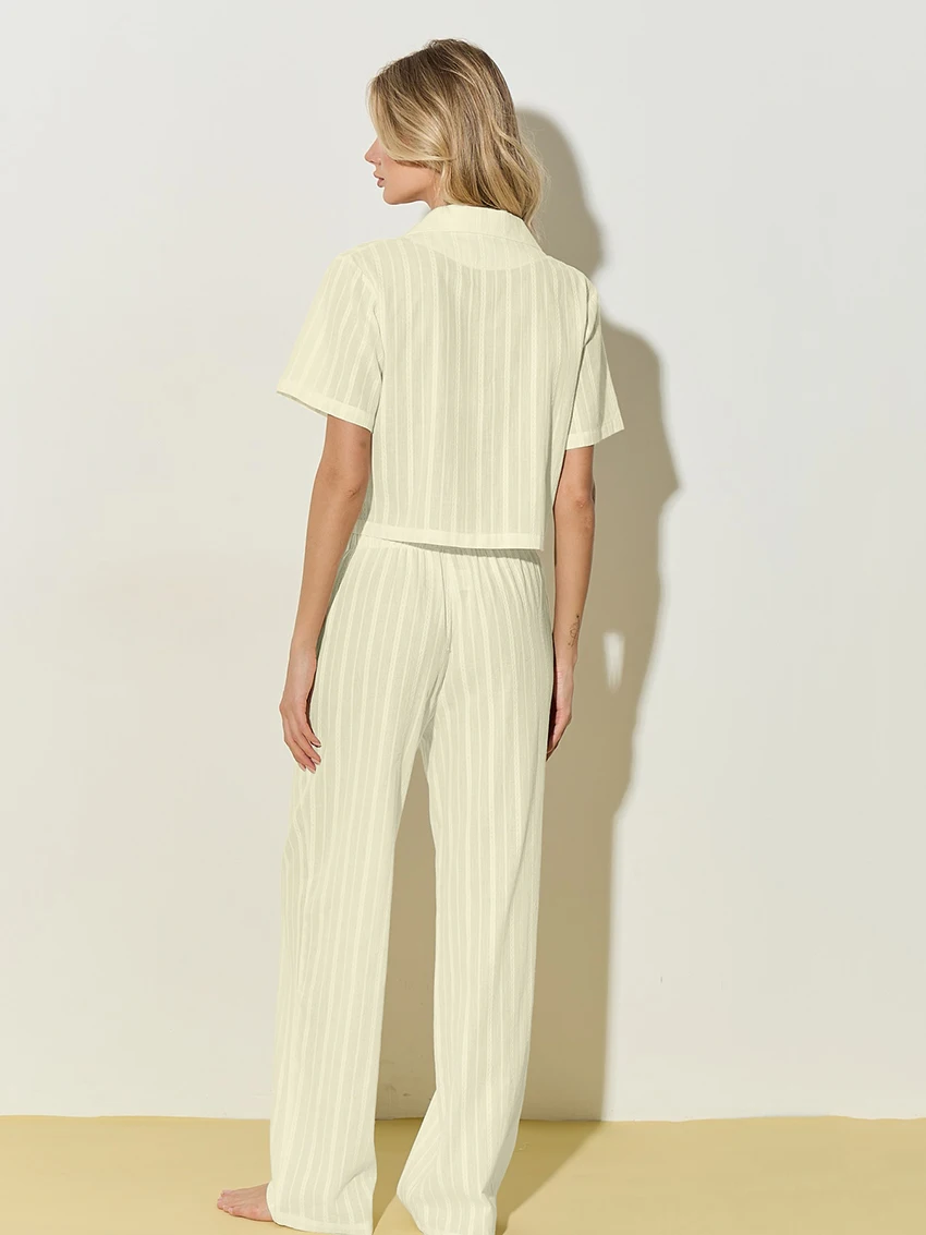 Marthaqiqi Cotton Women Pajamas Suit Short Sleeve Nightie Sexy Turn-Down Collar Sleepwear Crop Top Nightgown Pants Nightwear Set