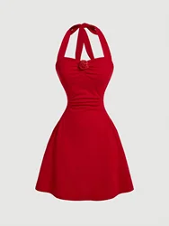 Red Rose Pure Desire Wind Waist Sleeveless Bow Hanging Neck Strap Naked Back Sexy Slimming and Slimming Solid Color Dress