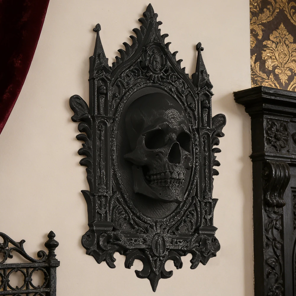 Grenzüberschreitender gotischer Totenkopf im Kirchenstil, dekorativer Wandbehang für dunkle Wanddekoration im Retro-Stil, Szenario