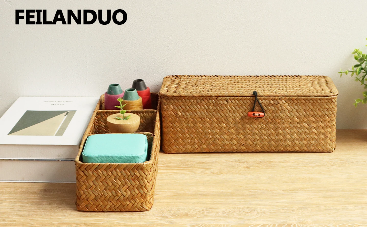 Cesto Portaoggetti In Vimini Naturale Con Coperchio – Intrecciato A Mano In Alga Marina, 33x21x15 Cm, Organizer Per Casa - 3