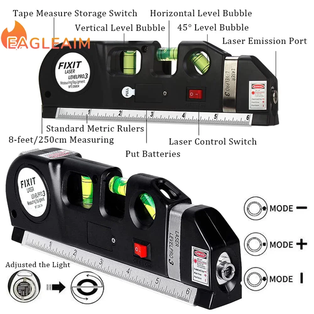 Multipurpose Laser Level Kit with Metric Rulers, Standard Cross Line Laser Leveler Beam, 8ft, 2.5m