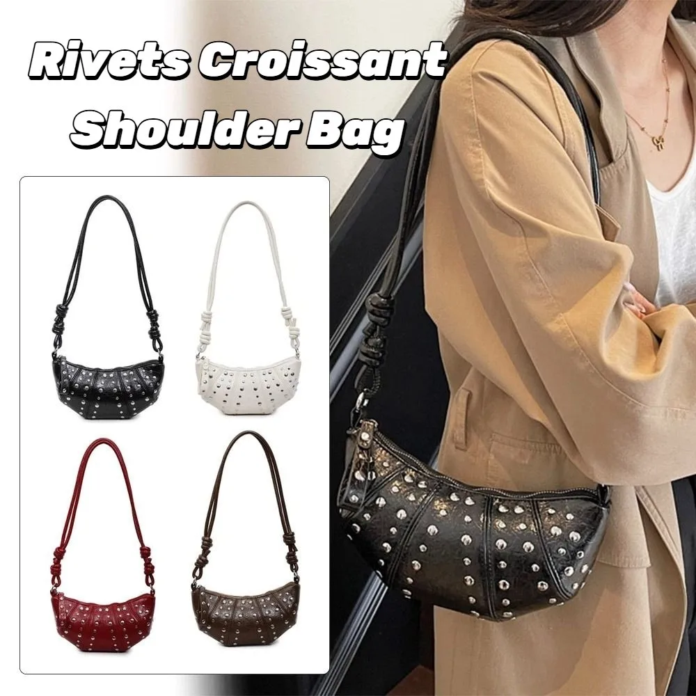 حقيبة كروسبودي حقيبة كتف كرواسون بني بلون مسامير PU الزلابية حقيبة صغيرة حزمة الكورية نمط فاسق حقائب اليد سيدة #4