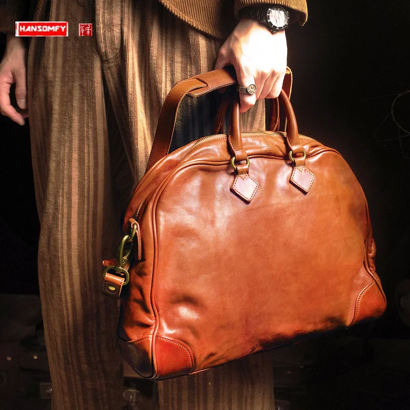 

Retro Vegetable Tanned Soft Leather Handbags Women Men's Briefcase Portable Laptop Bag Commuter Business shoulder Messenger Bags