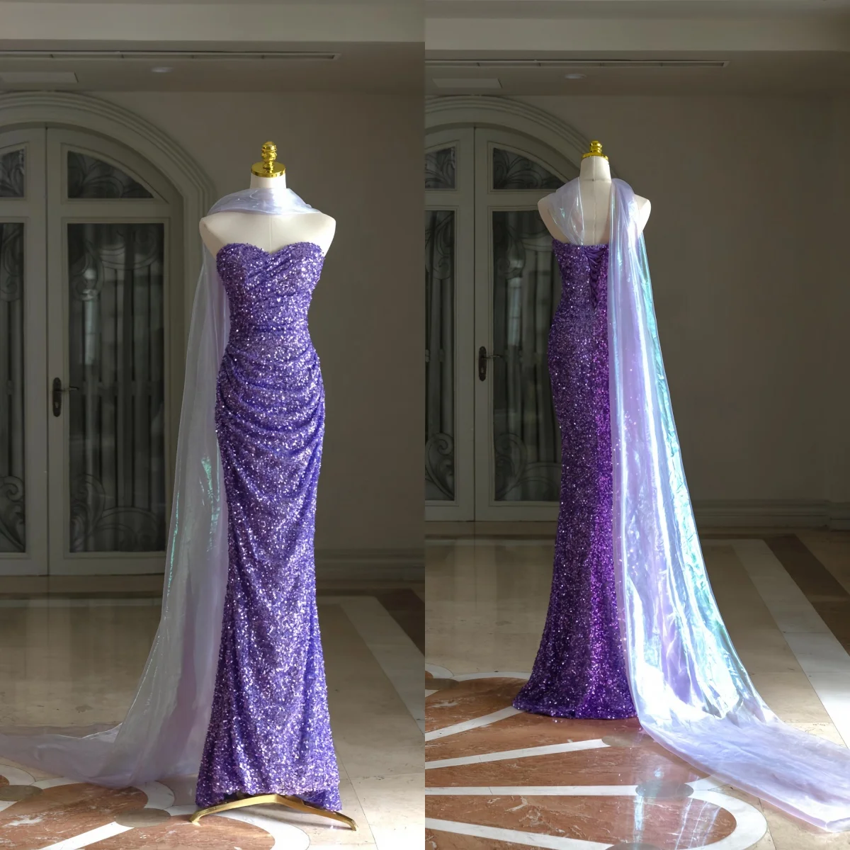 Elegante roxo vestido de baile cintura alta sem alças sem mangas lantejoulas sem costas decote coração ocasião especial vestido de noite