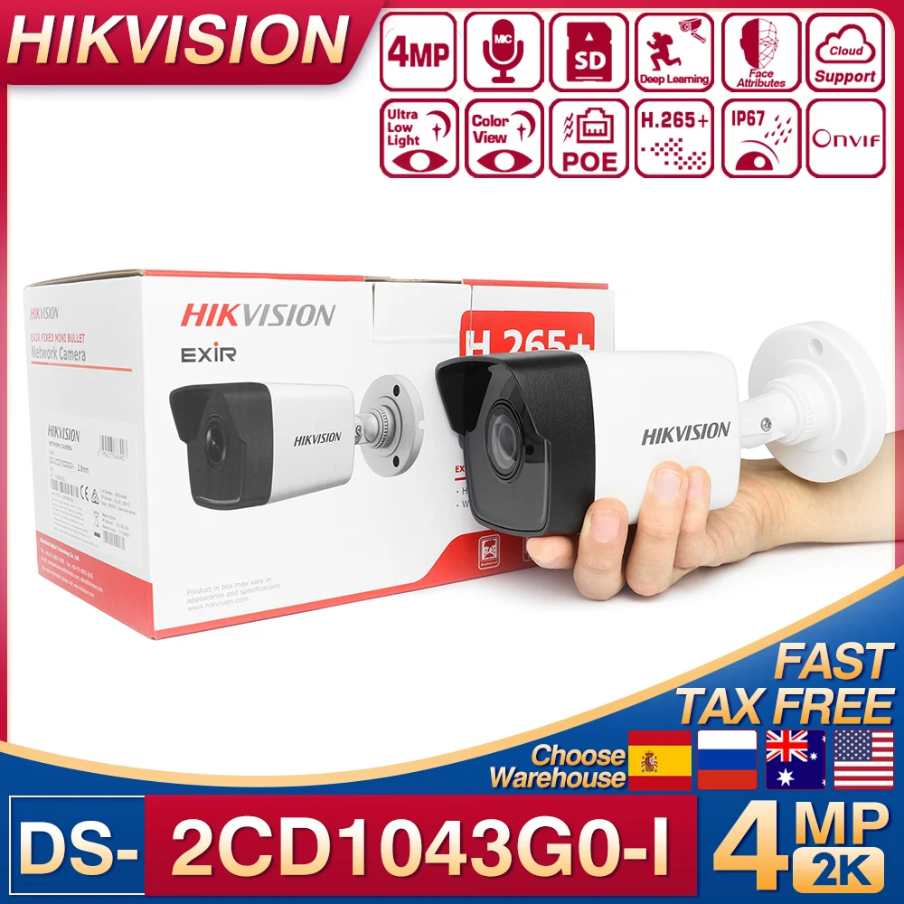 Hikvision 4MP Bullet IP Camera DS-2CD1043G0-I 2.8mm Waterproof POE H.265+ EXIR 2.0 Motion Detection CCTV Outdoor Security Camera