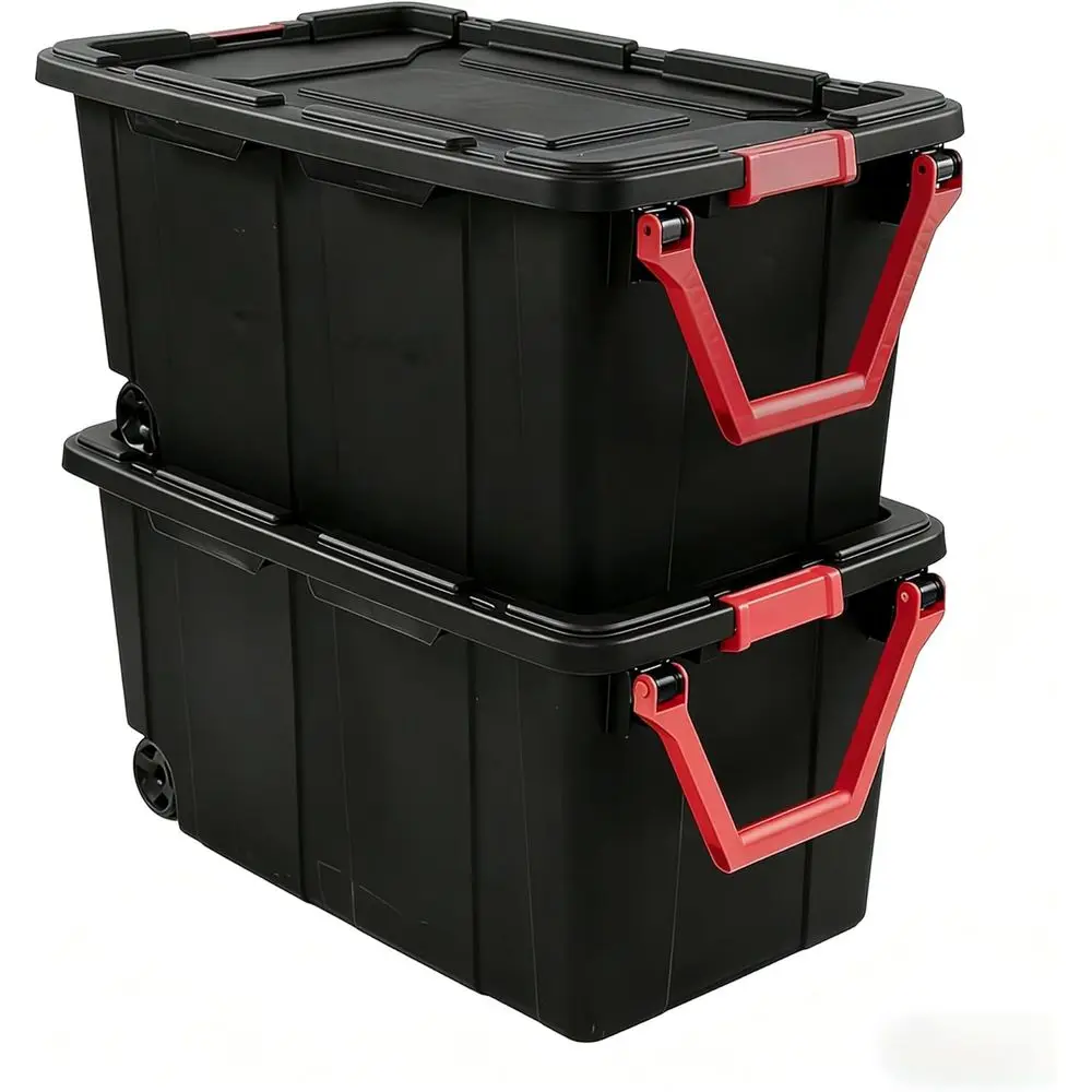 40-gallon wheeled plastic storage boxes with handles, black, 2-pack