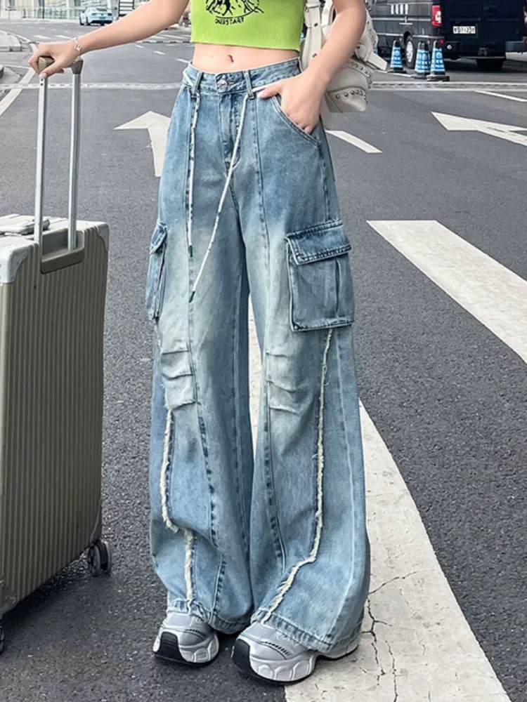 Nieuwe modeontwerper gesplitste zakken voor vrouwen hoge taille temperament patchwork veterjeans vrouwelijke kleding nieuwe broek