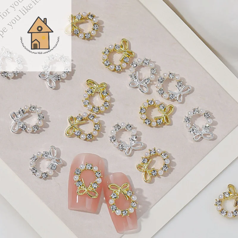 

2025 5pcs Garland Bowknot Pearl Zircon Nail Art Charms Rhinestone Christmas Wreath Design Crystals Jewelry Nail Art Decoration