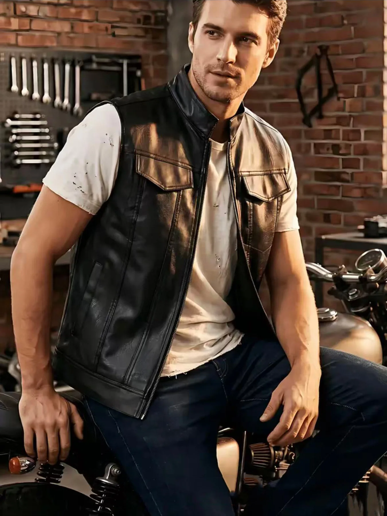 Men's 2026 Motorcycle PU Leather Vest Stand up Collar Zipper Casual Cycling Vest Jacket