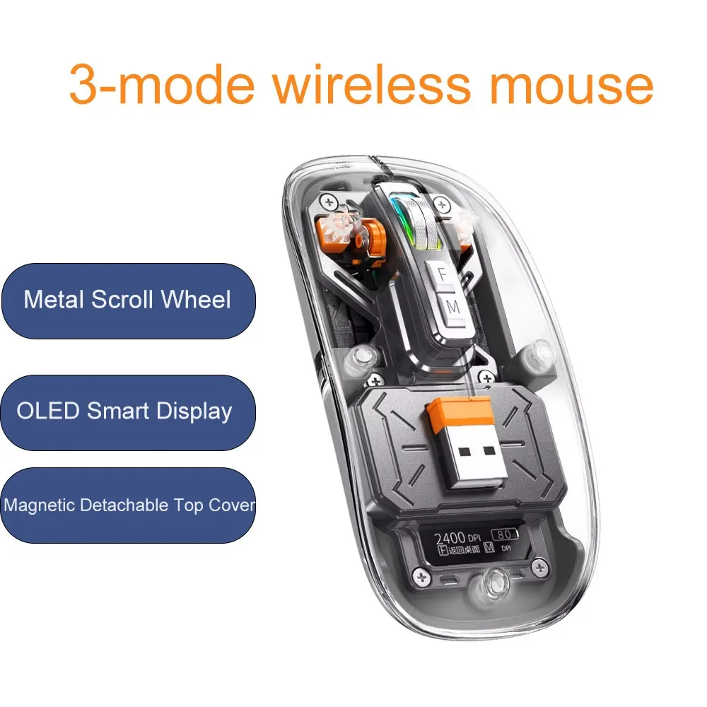 Transparent 3 Mode Bluetooth Wireless Mouse, Screen DPI Display Silent Rechargeable Ergonomic Gaming Mice For PC Laptop iPad