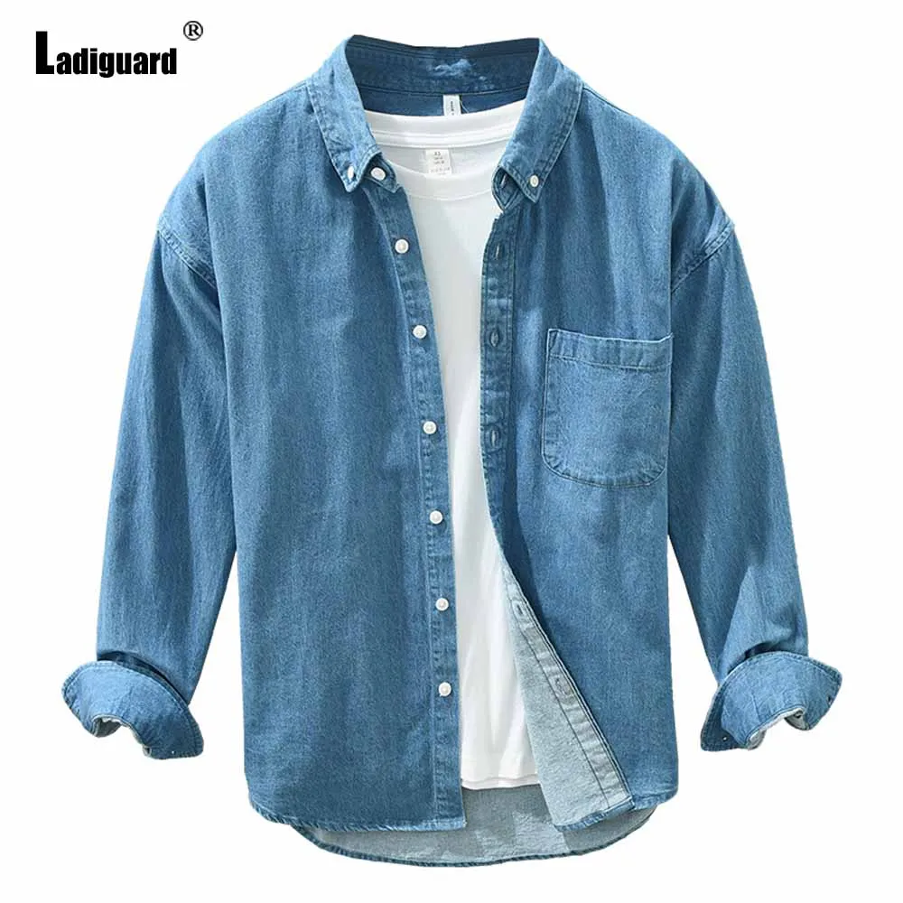 Men Long Sleeves Fashion Demin Tops Wear 2023 Autumn Casual Stand Pocket Jean Shirt Plus Size Men's Street Basic Denim Blouse