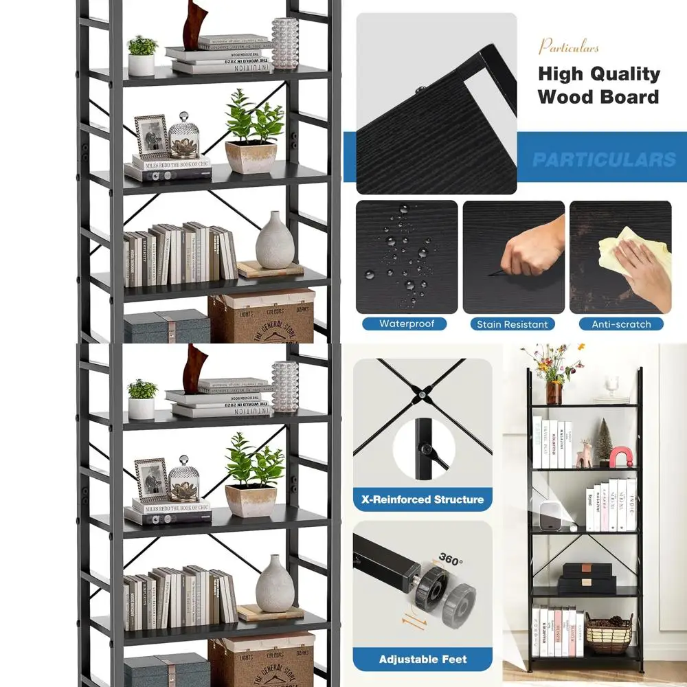 

Contemporary 5-Tier Bookcase, Elegant Tall Shelf for Home or Office, Versatile Storage for Media and Literature, Sleek Black Des