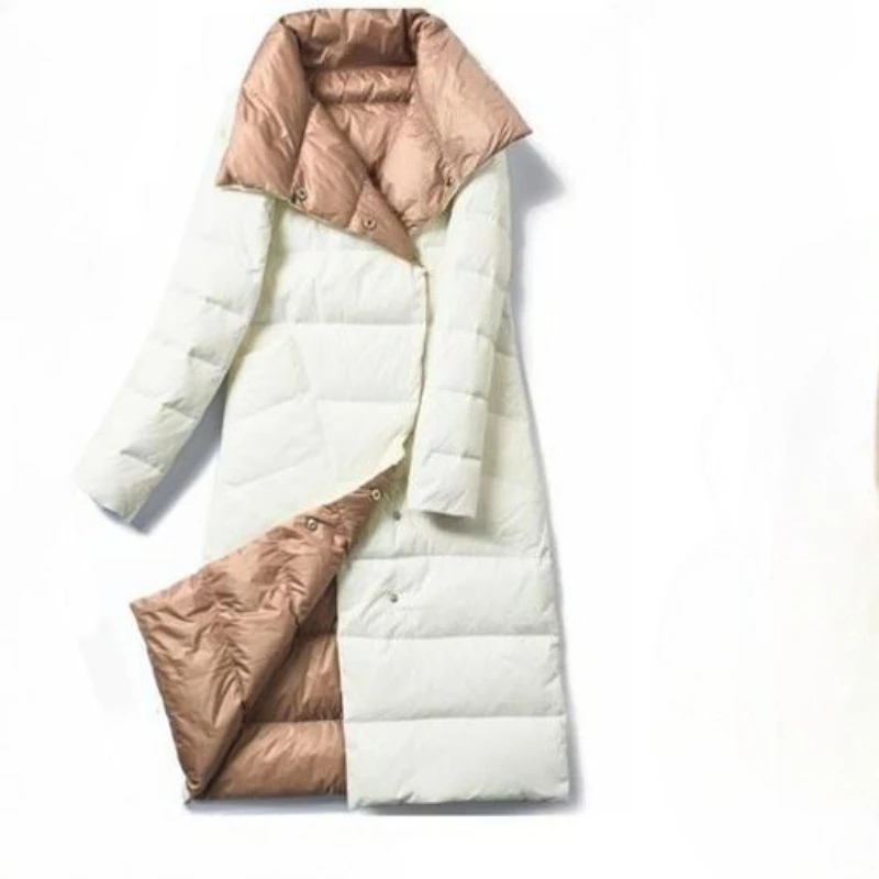 سترة نسائية خفيفة من ريش البط الأبيض مريحة للشتاء جديدة متوسطة وطويلة على الوجهين بطول الركبة بقصة ضيقة