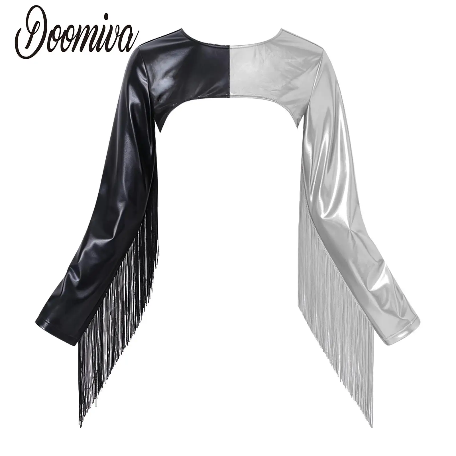 Women Metallic Raves Party Cropped Top Fringed Long Sleeve with Tassel Crew Neck Shiny Crop T-shirt Top for Bar Disco Jazz Dance