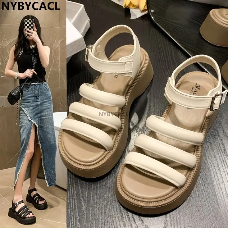 

New Platform Wedges High Heels Woman Sandals 2023 Summer Ladies Narrow Band Buckle Strap Shoes Casual Outdoor Dress Sandalias