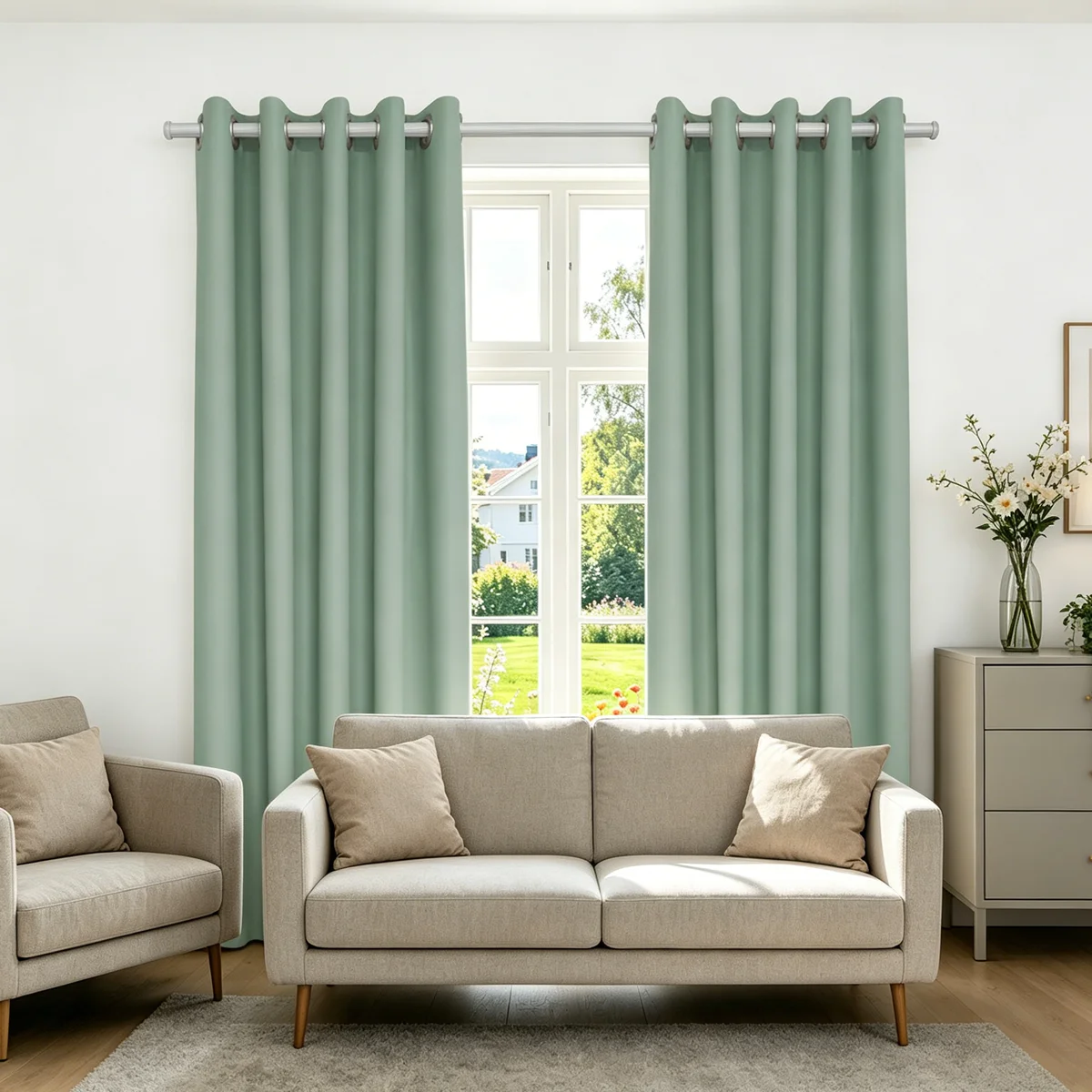 Green High Density Blackout Curtains, Eyelet Punch Hole Solid Window Drapes for Bedroom Living Room Nordic Home Decor