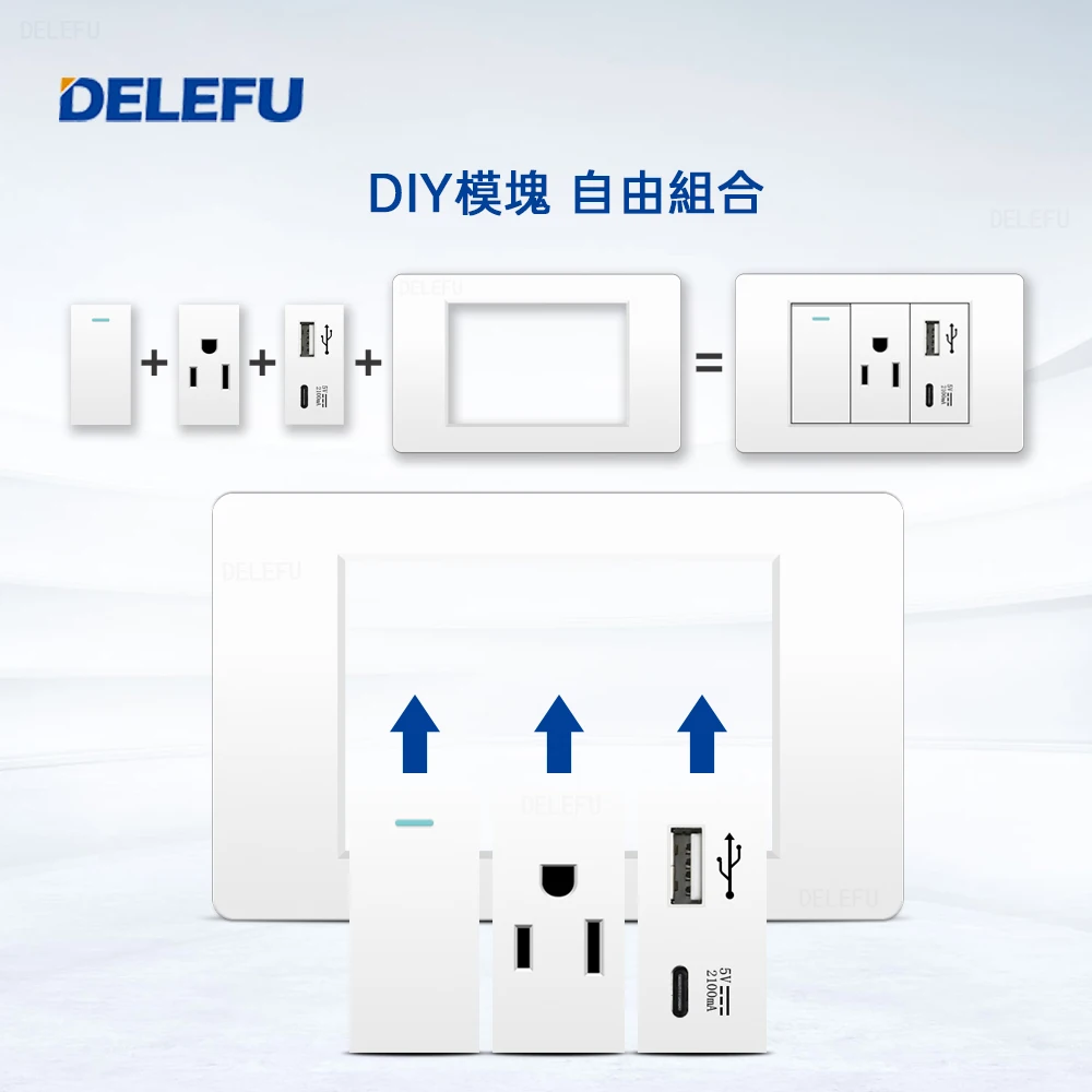 DELEFU White Flame Retardant PC Panel Mexico Standard Type C America Outlet Plug 118*72mm Wall Socket Light Switch Fast Charge