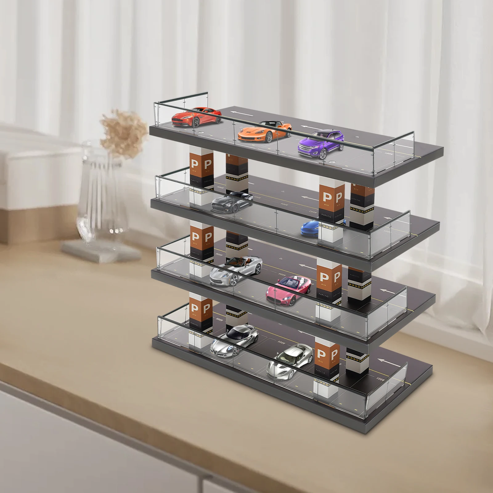 BYMAOCAR 4 Tiers Toy Car Parking Garage Diorama, 1/64 Scale Acrylic Hot Die-cast Model Car Organizer, W/ 4 Levels 24 Spots 40 Cars Max