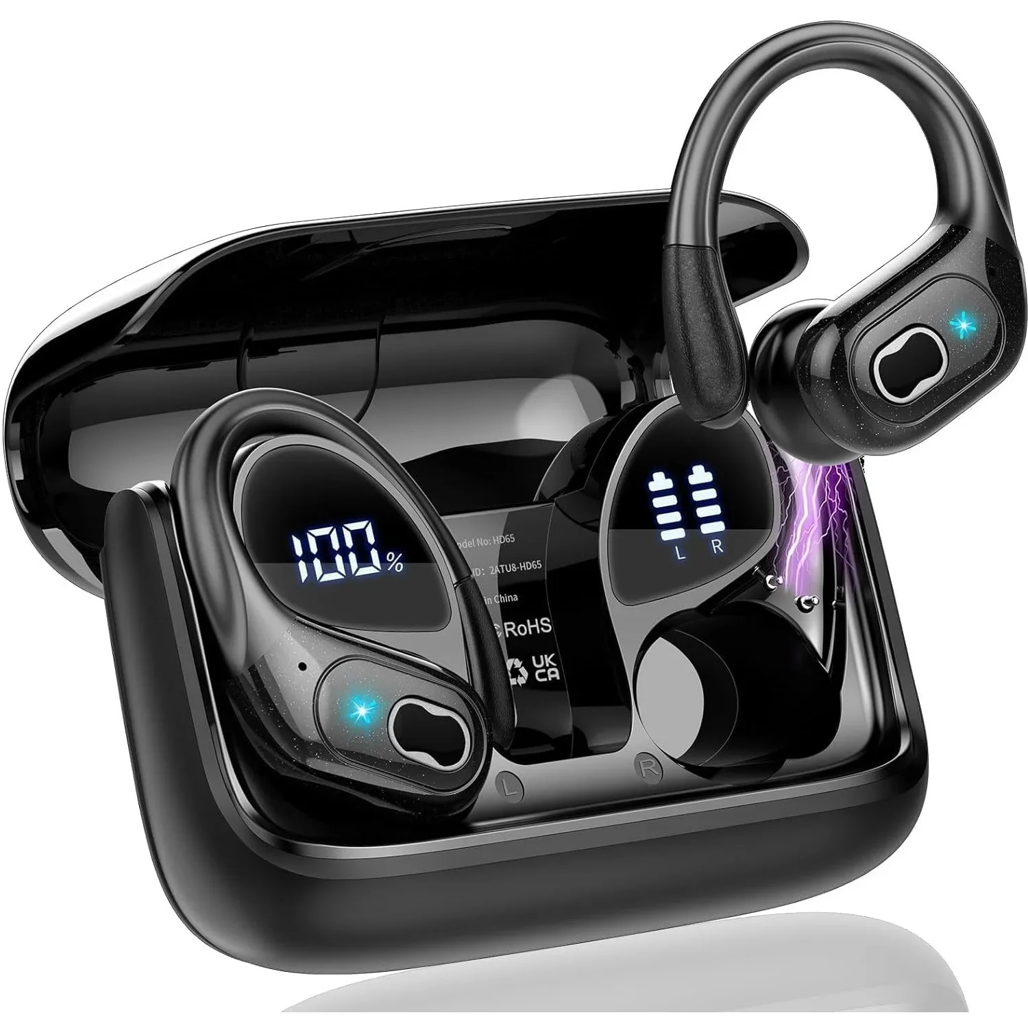 Auricolari Bluetooth sportivi Cuffie wireless impermeabili IPX7 75 ore di musica con microfono Display di alimentazione a LED Auricolari TWS con gancio morbido
