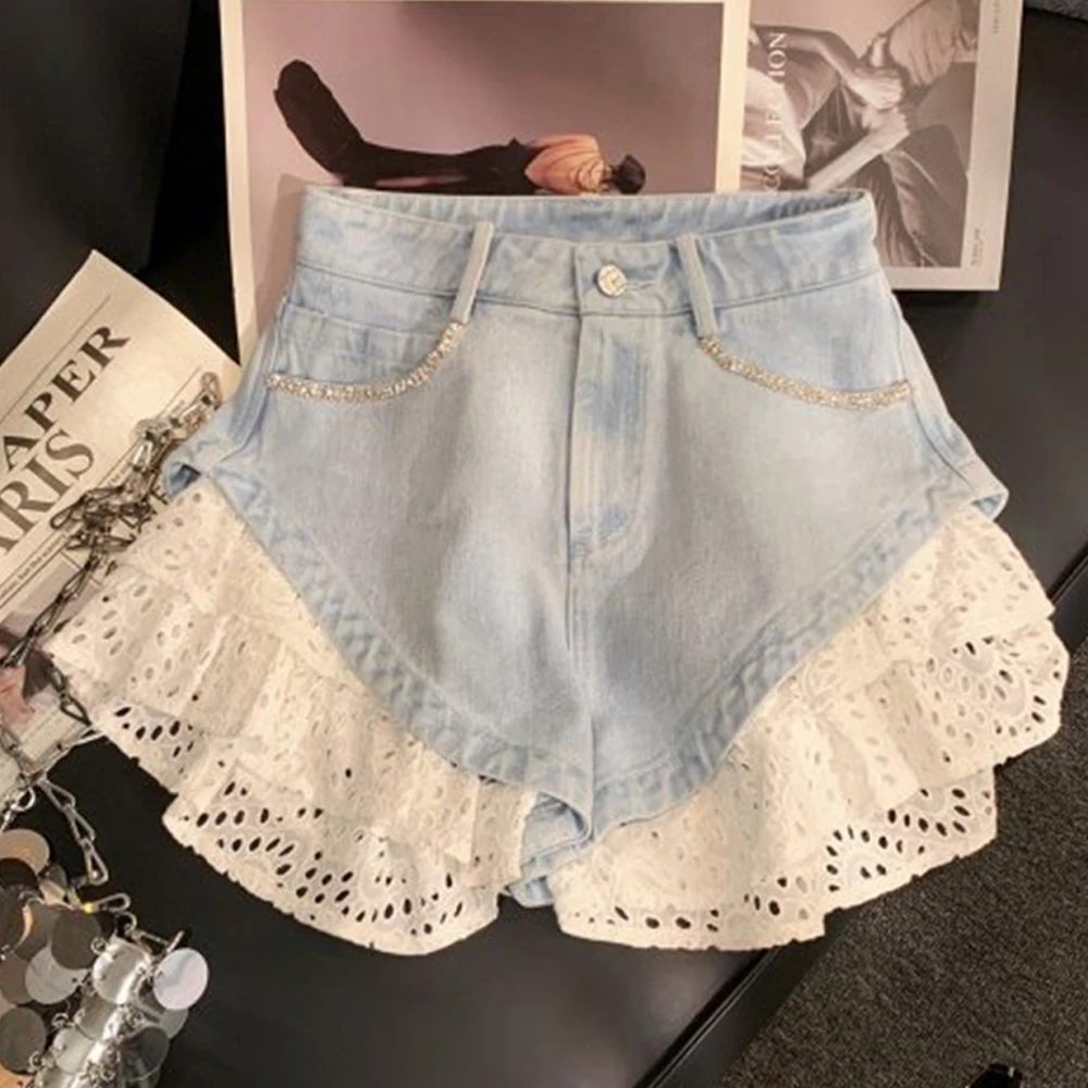 Summer Lace Splicing Washed Denim Shorts For Women Korean High Waist Slim Hotpants Casual Light Color Loose Short Pnts