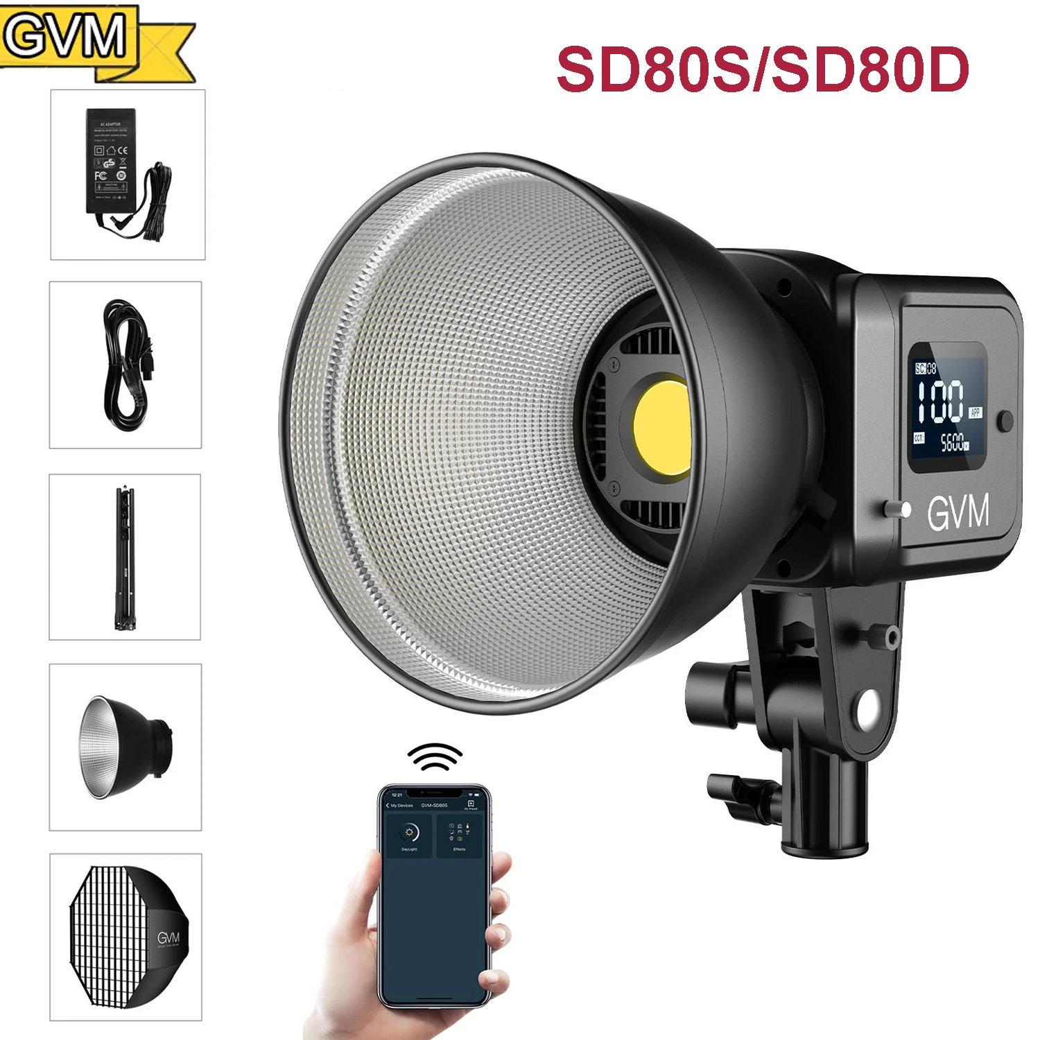 

GVM SD80D SD80S 80 Вт Spoltlight дневной свет 5600K 2700K-7500K освещение для фотосъемки с софтбоксом может использоваться аккумулятор NP-F750/NP-F970