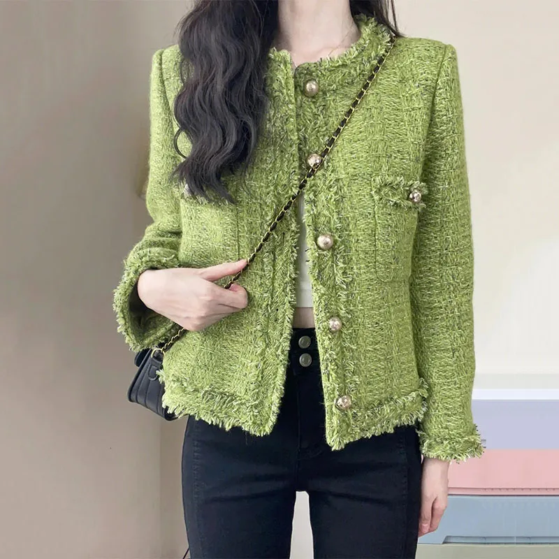 2024 New Autumn Winter Korean Single-Breasted Short Tweed Jacket Women's Long Sleeve Vintage Green Casual Coat Female Outerwear