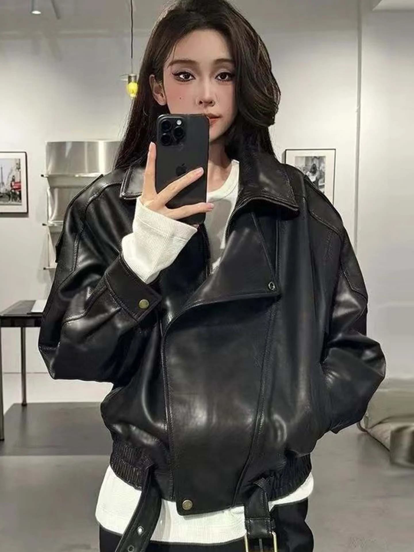 

Модная женская мотоциклетная куртка из искусственной кожи, свободного кроя, с длинными рукавами, ветрозащитная, с воротником-стойкой, повседневная верхняя одежда