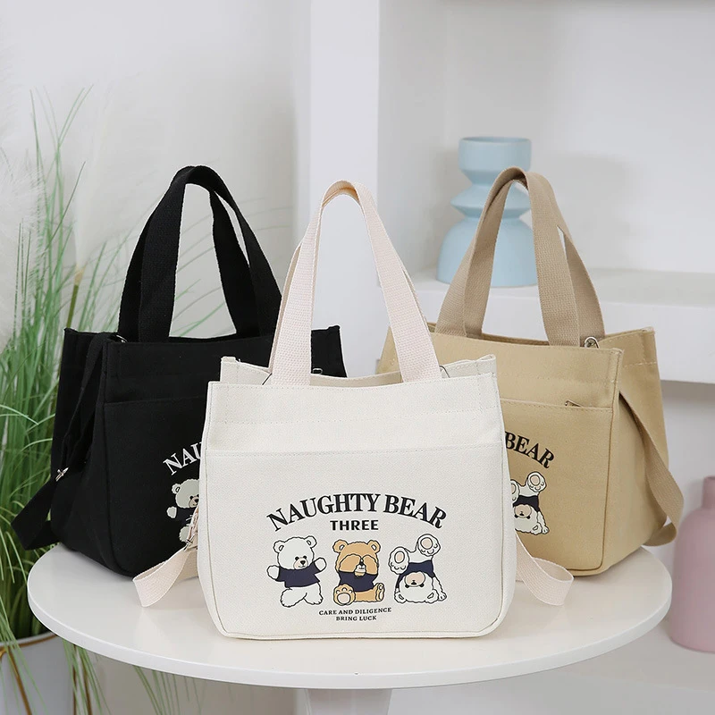 Cartoon Cute Bear Printed Pattern Canvas Tote Food Bag With Adjustable Shoulder Strap Hand Lunch Bag Canvas Bag Bento Bag