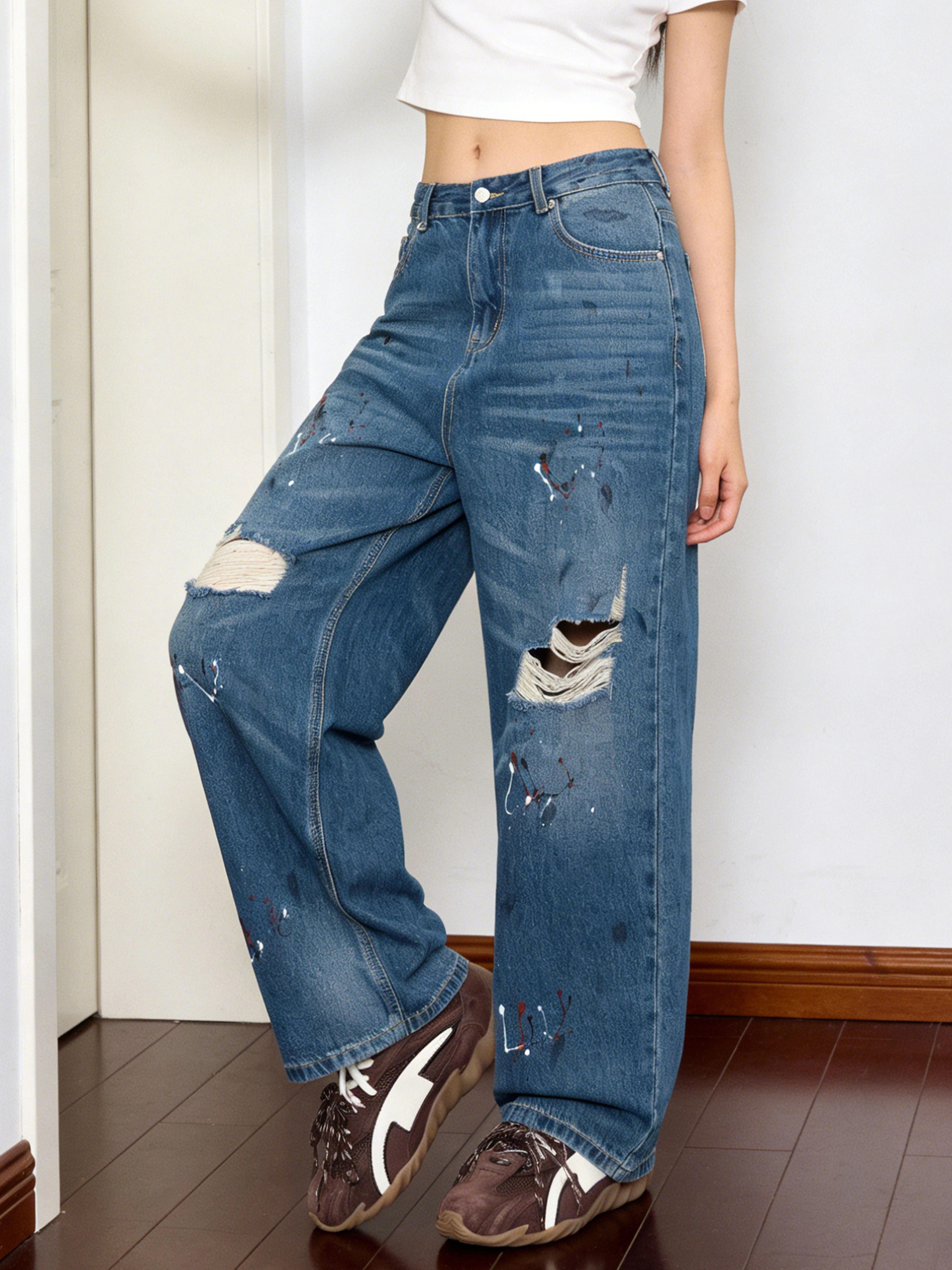 Retro American Splashed Ink Hole Denim Jeans Women's Faded Wear Loose Wide Leg Long Pants Cotton Natural Waist Button Closure