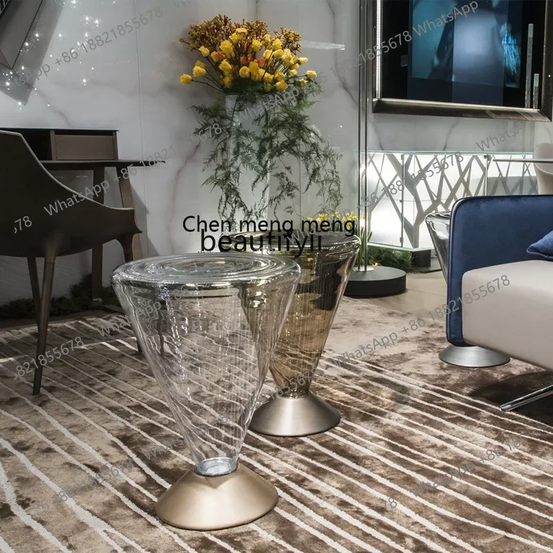 32 Designer special-shaped glass coffee table, transparent round edge table, acrylic wine glass-shaped coffee table