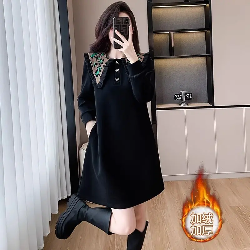 Fashion Sailor Collar Dresses Female Autumn Winter New Fleece Casual Dresses Loose Sweatshirts Dress Women Clothes Midi Dress