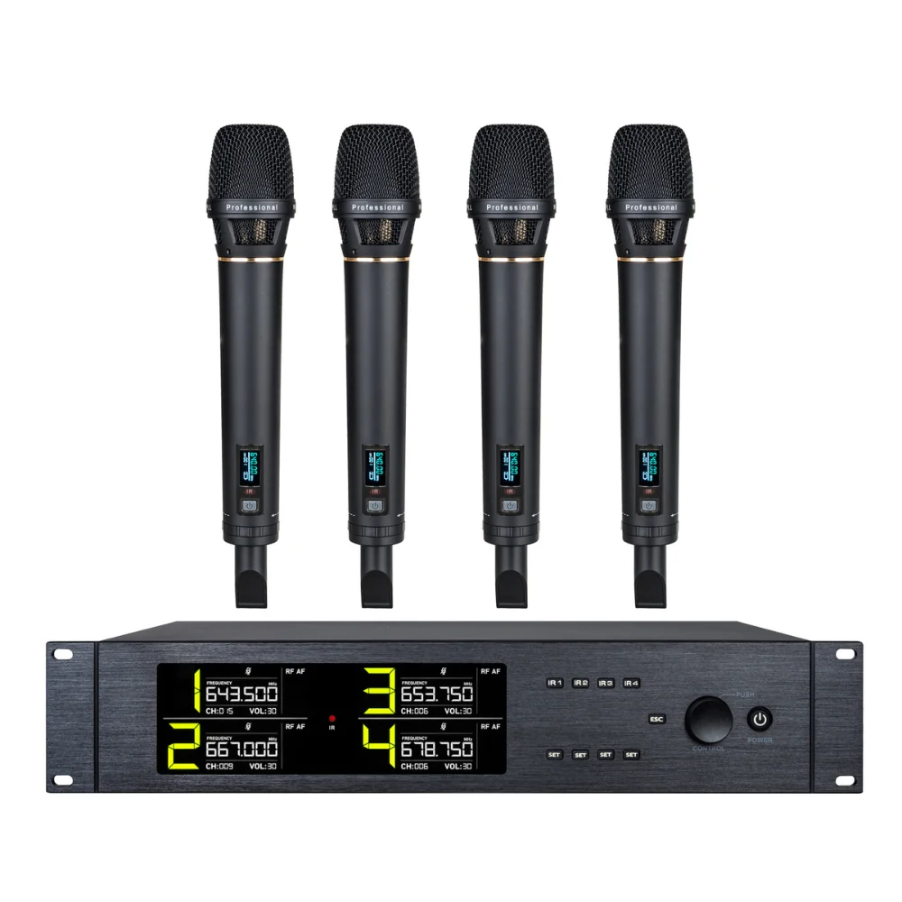 Заводской OEM профессиональный 4-канальный ручной беспроводной микрофон для настоящих разнообразие Microfono Inalambrico System для сценического браслета