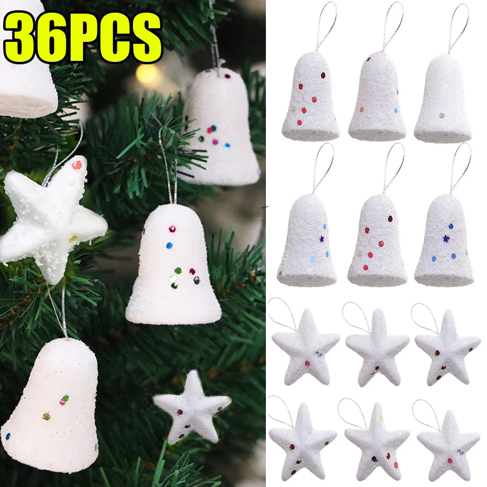 36/6PCS Christmas Stars Bells Decoration Xmas Tree Hanging Pendant Foam Stars Bells Ornaments Snowball War Prop Xmas Party Decor