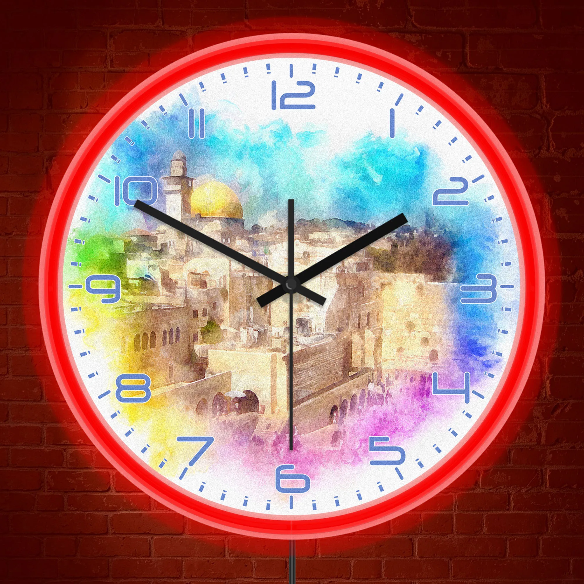Dome Of The Rock Jerusalem Watercolor Neon Wall Clock Muslim Mosque Holy Land Islamic Home Decor Night Light Clock Glow in Dark