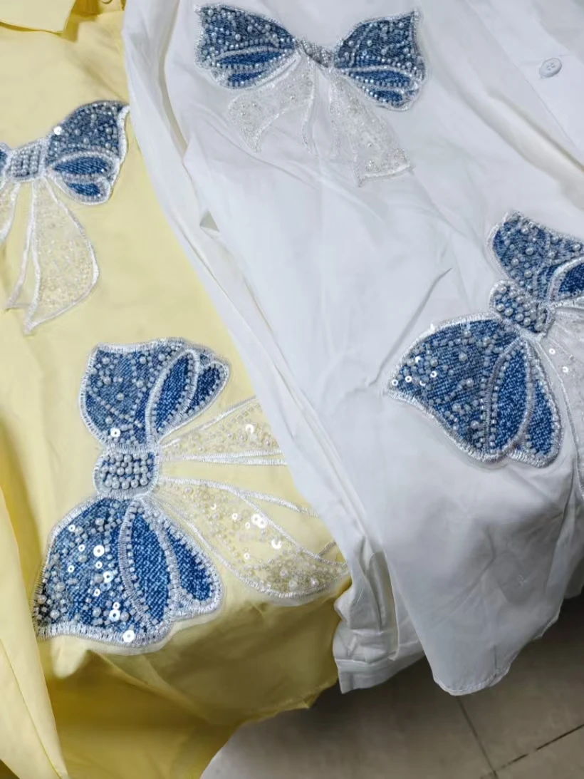 مشاعل مطرزة تصميم فاخر قمصان وبلوزات ملابس نسائية قمصان ملابس كورية شعبية أزرار حتى قميص نسائي طويل