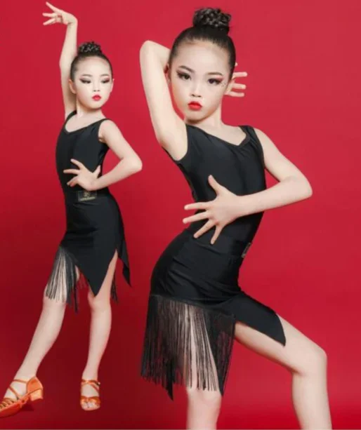 1set/lot children solid tassel latin dress girl black backless taseel dancing costumes