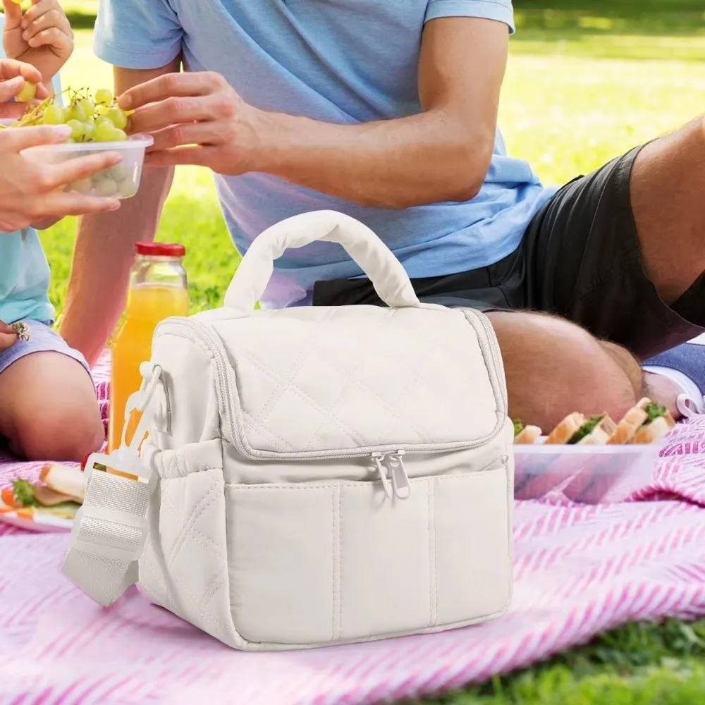 Quilted Puffer Insulated Lunch Bag Detachable Strap Soft Cooler Lunch Storage Waterproof Leakproof Lunch Tote Beach