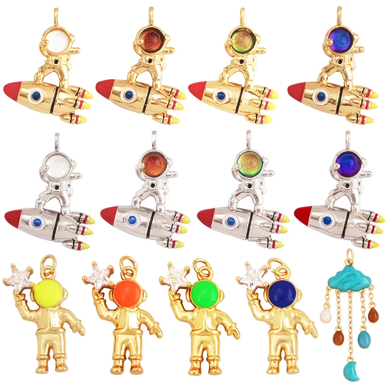 New Style Cute Spaceman 18K Gold Charm Pendant,Trendy Colourful Inlaid Star Zircon Jewelry Necklace Making Wholesale Supply L09