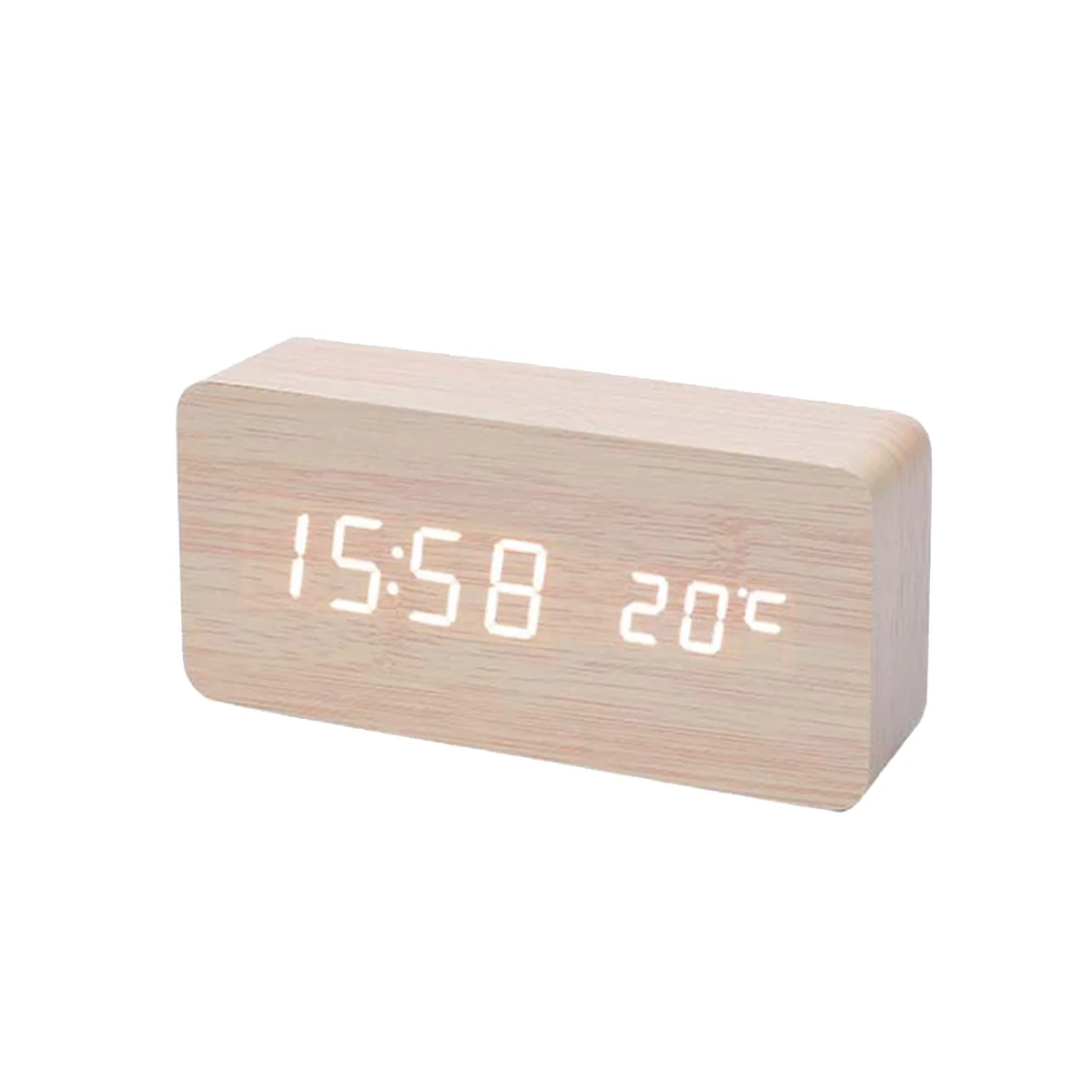 Wooden Digital Alarm Clock, LED Alarm Clock with Temperature Desk Clocks for Office, Bedside Clock Light Wood