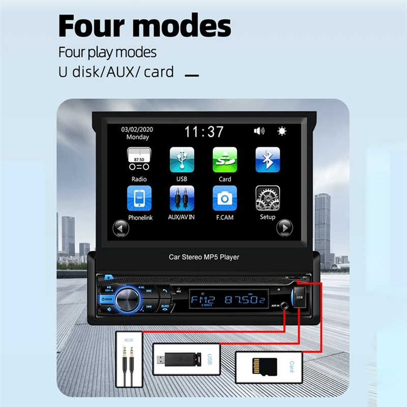 4-Channel 45W Car Radio Car MP5 Player Bluetooth Radio Multimedia Player with 7-Inch Retractable Touch Screen for Car