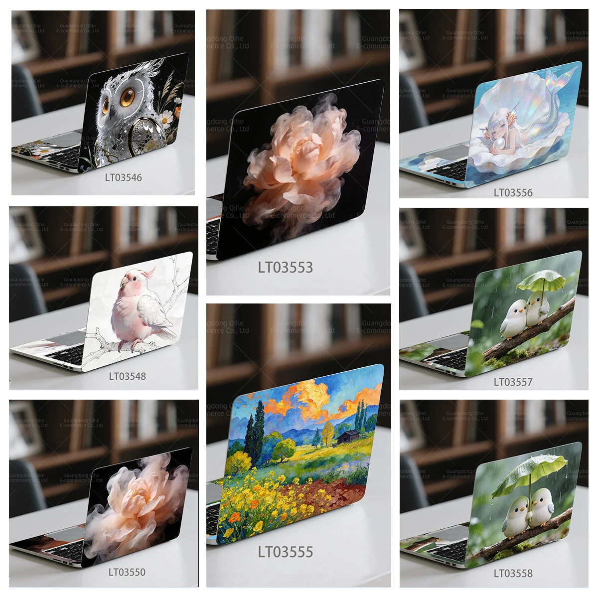 

2 Pcs Aesthetic Laptop Skin Sticker (Owl, Flower, Mermaid, Bird) Waterproof Removable Decal for MacBook, Laptop Decor