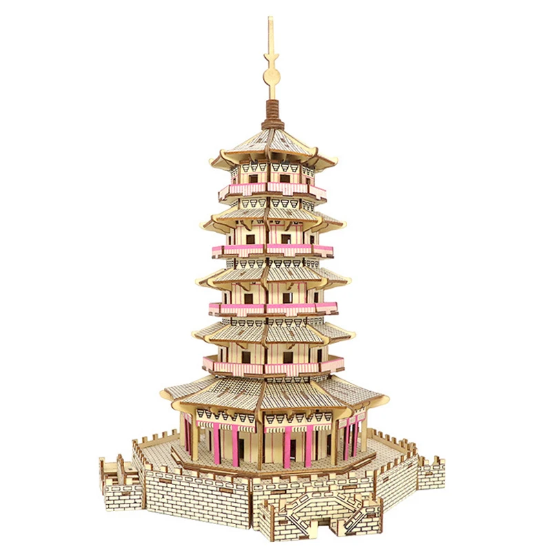 

Handzhou Leifeng Pagoda Wooden Puzzle 3D Building Tower Model Wood Jigsaw Kids Educational Toys For Children Home Decoration