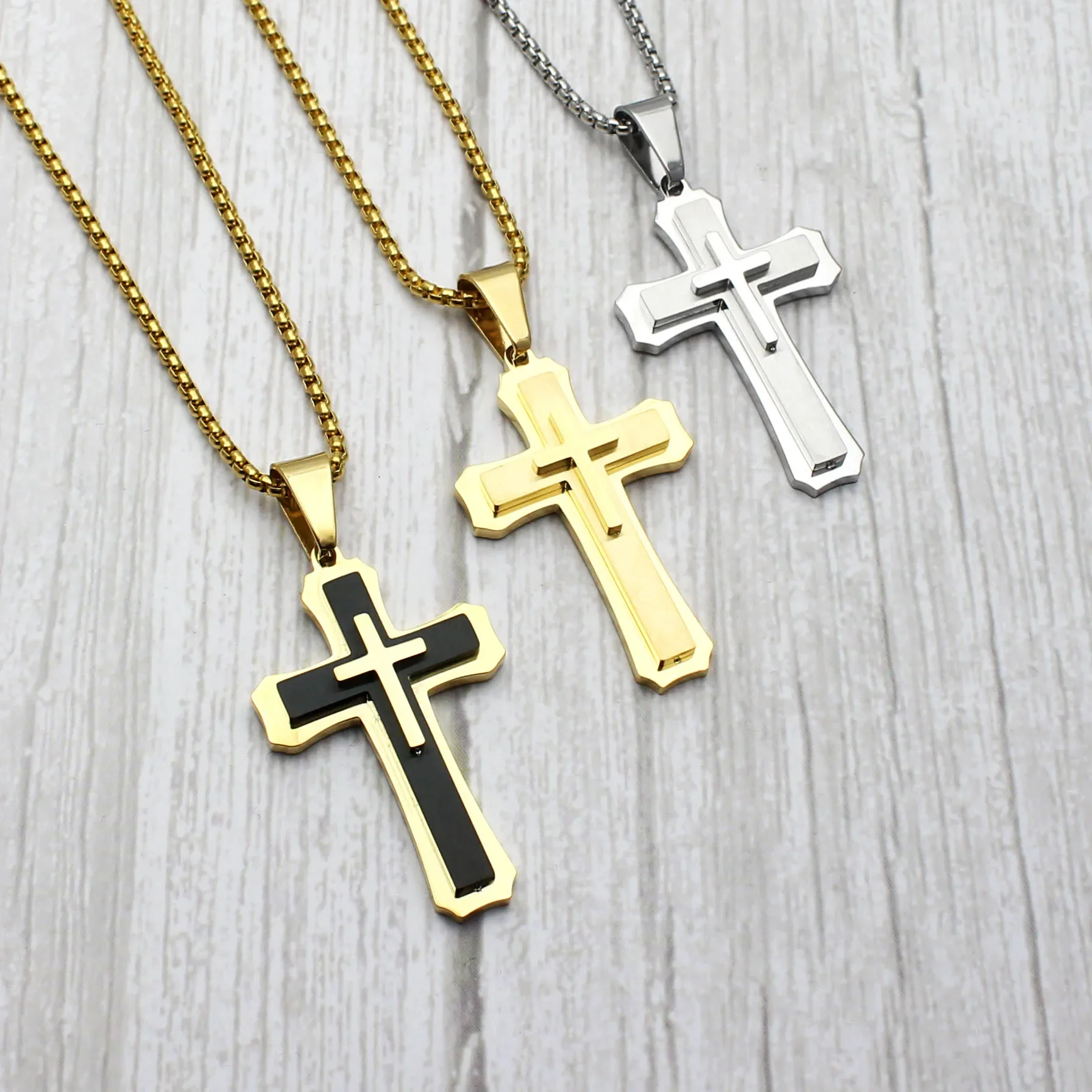 60cm Men Christian Cross Necklace Pendants Fashion Jewelry Stainless Steel Black Gold Color Dropship