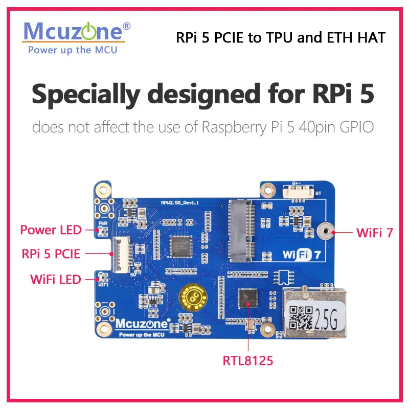 MP2.5G-TPU  Raspberry Pi 5 PCIE to TPU and 2.5G Ethernet HAT M.2 E key interface, support Google coral Edge TPU