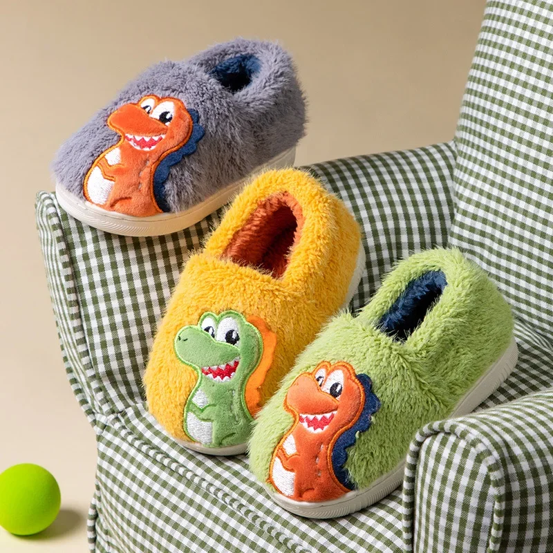 New Winter Children\'s Shoes Warm Cute Boys Cartoon Dinosaur Cotton Slippers Warm Versatile Kids Causal Home Girls Plush Slippers