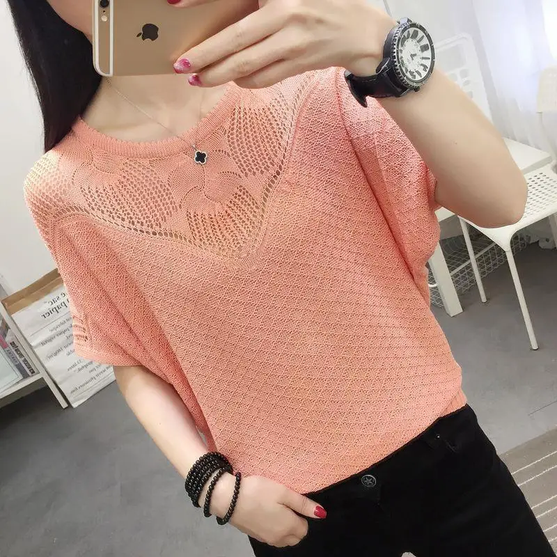 Korean Hook Flower Hollow Solid Women's Knitted Jumpers Summer Thin Fashion Half Sleeve O-Neck Loose Sweaters Female Clothing