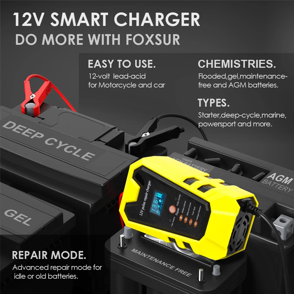 Jfind 12V Pulse Repair 6A Lead-acid lithium Car Battery Charger LCD Display battery tester Fast Charge For Car/Motorcycle