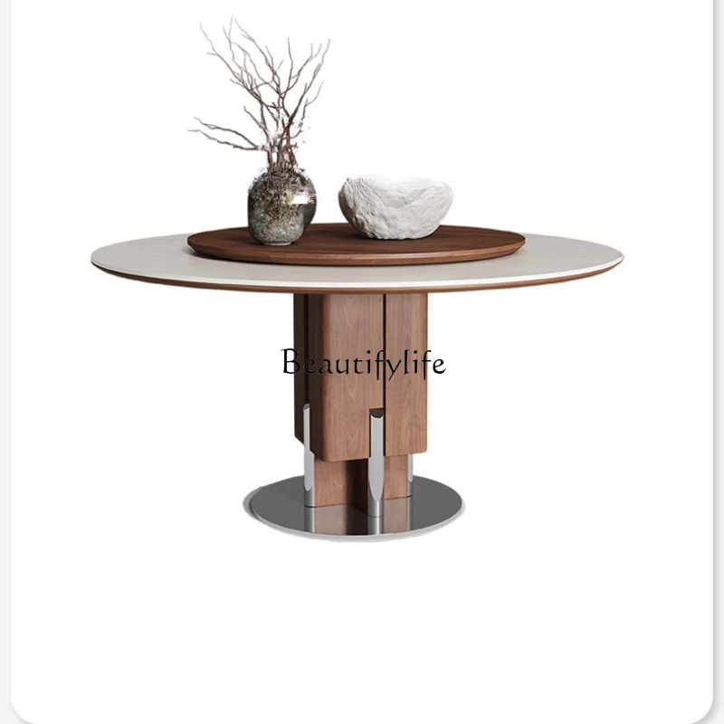 

French retro solid wood round table with turntable home modern simple travertine rock slab round dining table